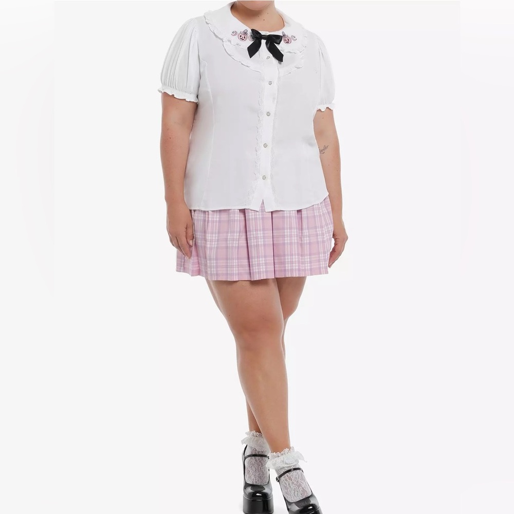 Sweet Society Pink Jack-O'-Lanterns Ruffle Collar Girls Top - Picture 2 of 6